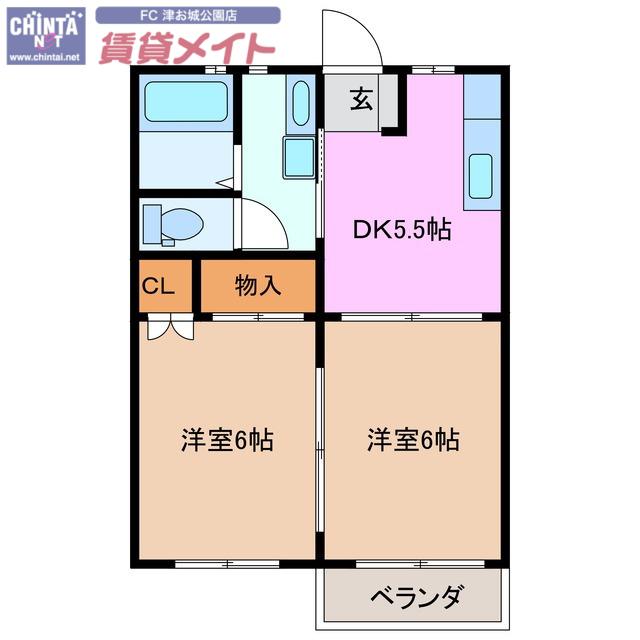 ハイツドヌールB棟(2K/2階)の間取り写真
