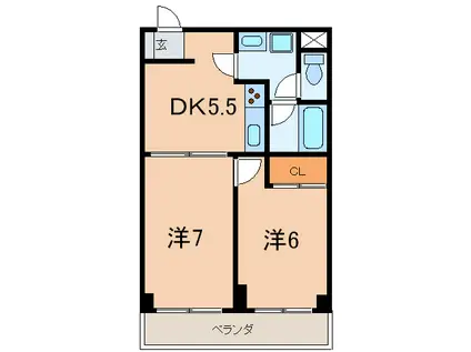 アルテシアン夙川(2DK/1階)の間取り写真