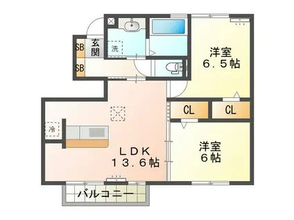 グレイスアベニュー観音寺 B棟(2LDK/1階)の間取り写真