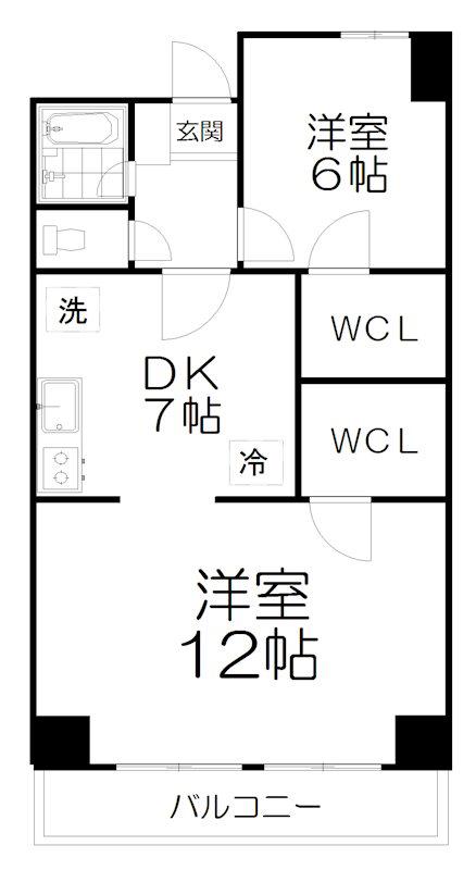 二軒茶屋グランドハイツ(2DK/7階)の間取り写真