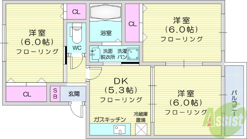 ウエストアネシス壱番館(3DK/2階)の間取り写真