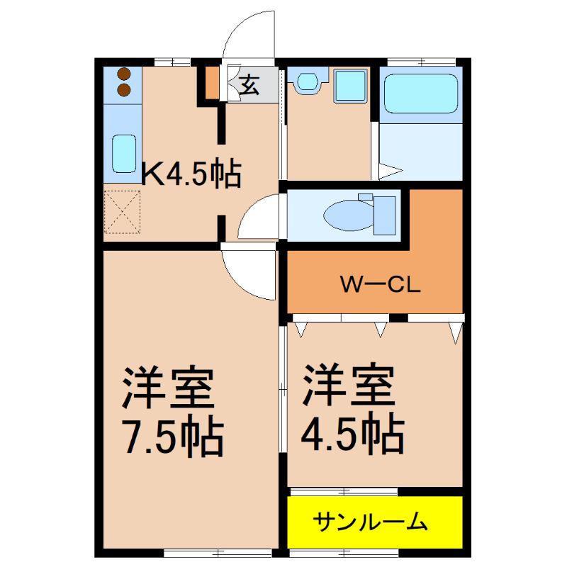 ユニヴェール B棟(2K/2階)の間取り写真