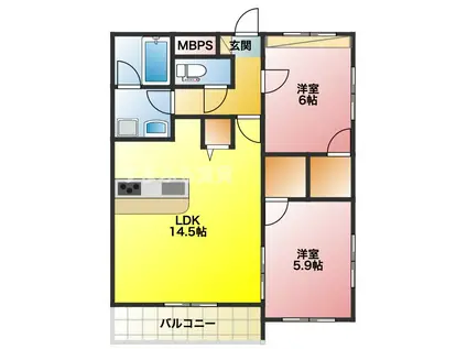 オヴァールガーデンW棟(2LDK/2階)の間取り写真