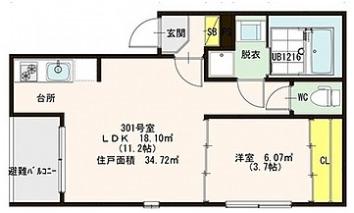 ヴィレッタ城東(1LDK/3階)の間取り写真