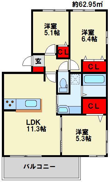 オアスロウ 境川(3LDK/1階)の間取り写真
