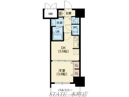 ラクラス本町東(1DK/4階)の間取り写真