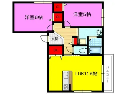 ミラハイツ諸福(2LDK/2階)の間取り写真