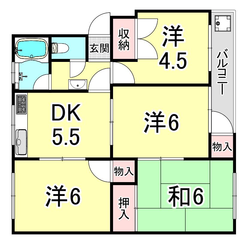 神陵台北65号棟(4K/2階)の間取り写真