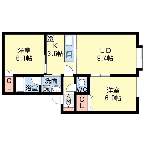 ベルシーヌ祝津(2LDK/1階)の間取り写真