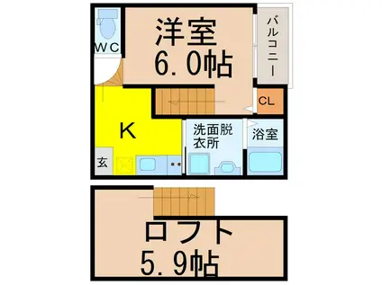 ハーモニーテラス黄金(1K/2階)の間取り写真