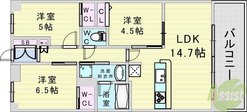 エスリード箕面船場阪大前(3LDK/3階)の間取り写真