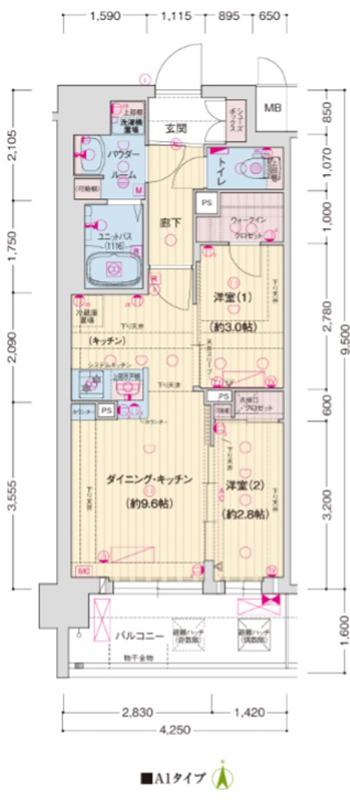 ソルテラス京都西院 悠洛(2DK/2階)の間取り写真