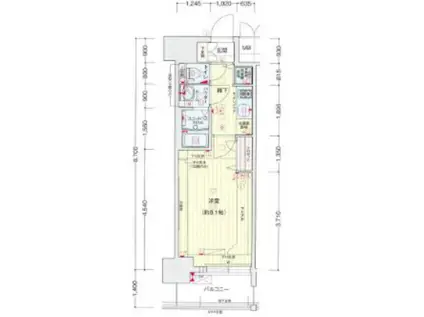 プレサンスコウベグレンツ(1K/13階)の間取り写真