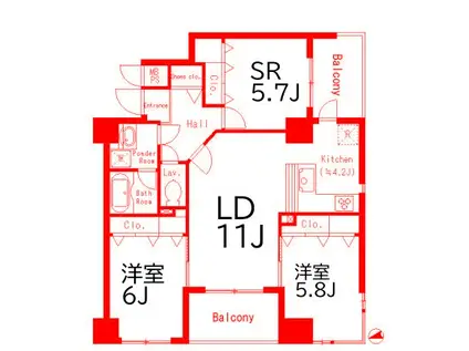 オークヒルズ五番館(2SLDK/4階)の間取り写真