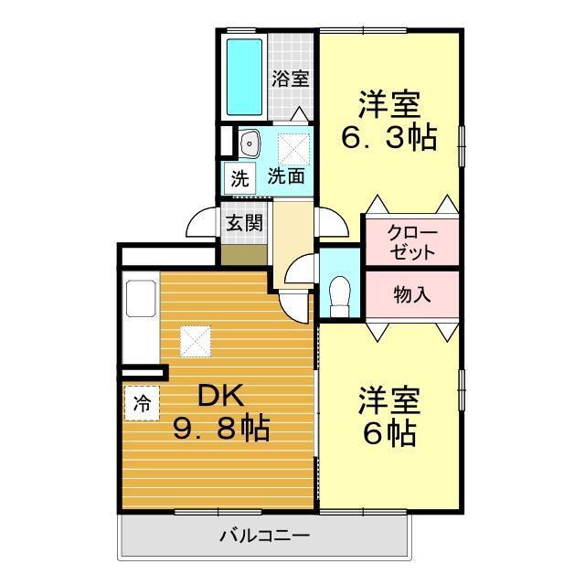 オークスK A棟(2DK/2階)の間取り写真