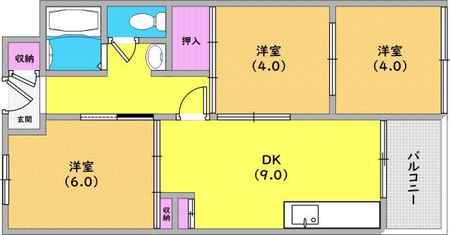 夢野ハイタウン1号棟(3DK/2階)の間取り写真