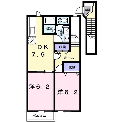 ヴェルテソレーユ A(2DK/2階)の間取り写真
