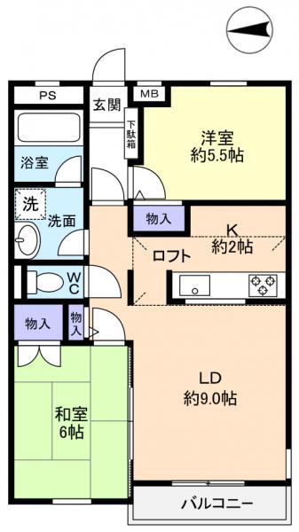 ペアシティシャルマン村上(2LDK/3階)の間取り写真