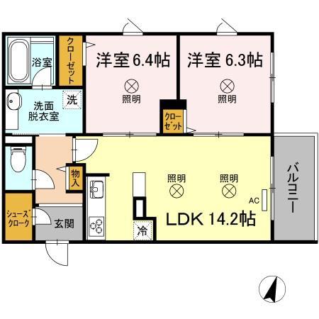 SHALLOWGARDENA棟(2LDK/2階)の間取り写真