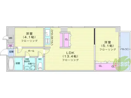 フェリース(2LDK/5階)の間取り写真