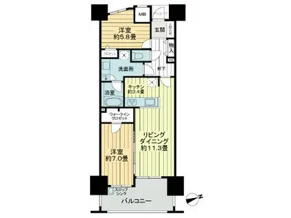 ライオンズ六ッ門サンリヤンタワー(2LDK/12階)の間取り写真