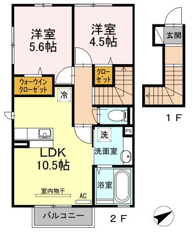 アイネヴェルト仁保津(2LDK/2階)の間取り写真