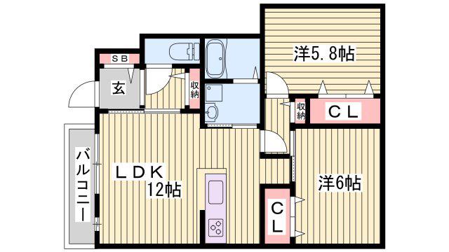 グランドゥール飾東(2LDK/1階)の間取り写真