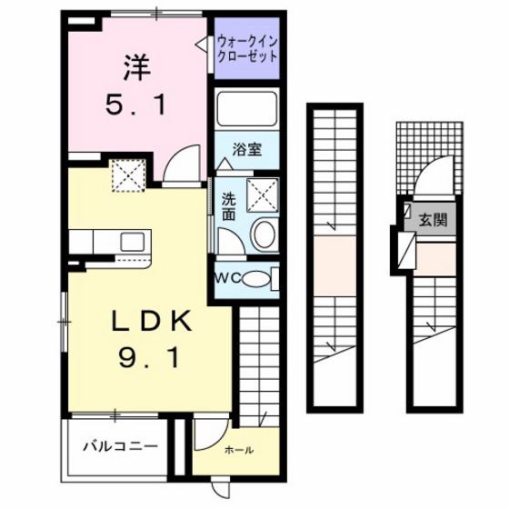 八幡東3丁目アパートC棟(1LDK/3階)の間取り写真