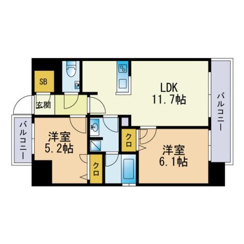 アイサフィール博多駅東(2LDK/8階)の間取り写真