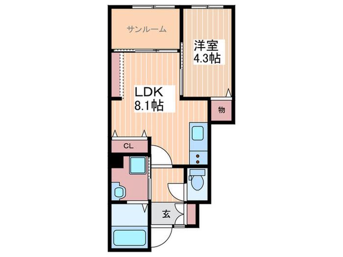 ガンフォール佐方(1LDK/1階)の間取り写真