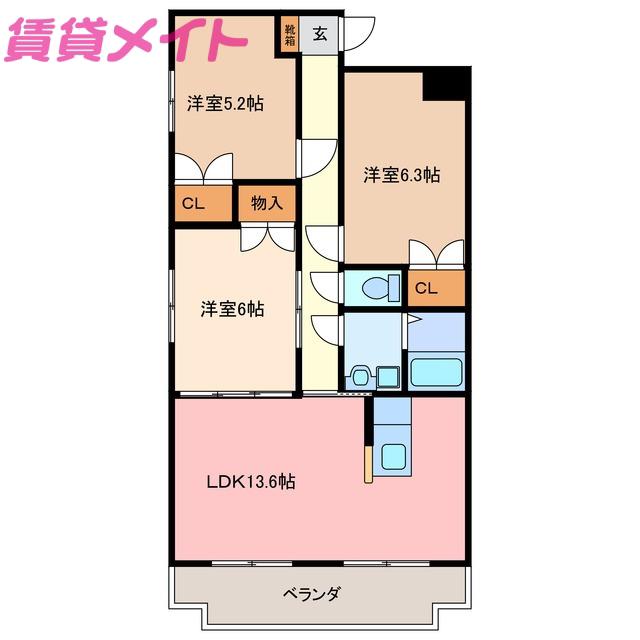 JR関西本線 井田川駅 徒歩40分 3階建 築23年(3LDK/3階)の間取り写真