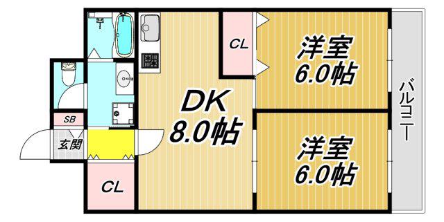 ロールス塚口III(2DK/2階)の間取り写真