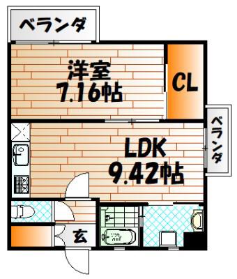 ウィングス砂津(1LDK/2階)の間取り写真