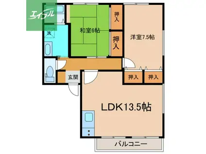 ハイカムールはたぐちC棟(2LDK/1階)の間取り写真