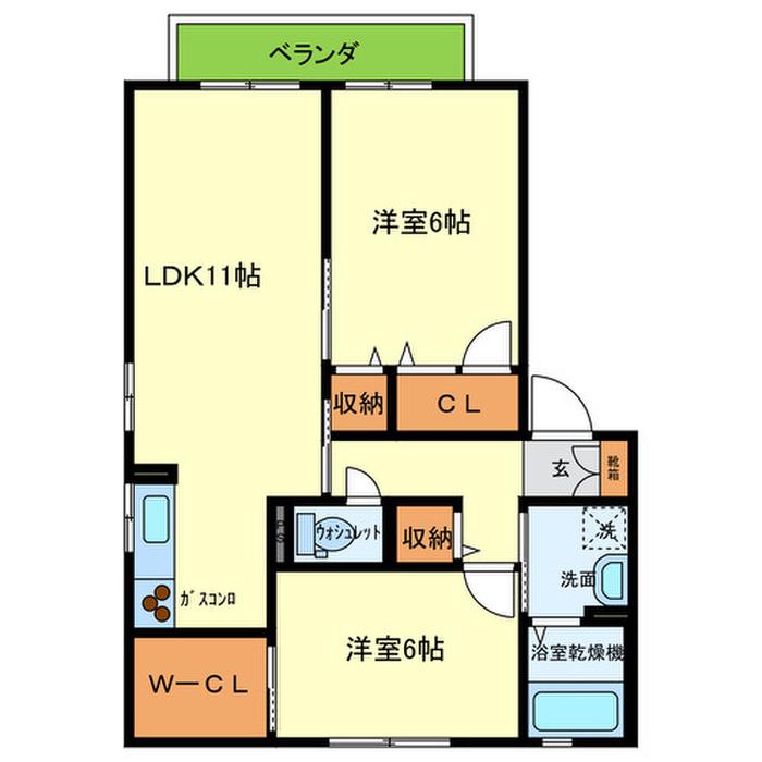 サンシャインヒルズB棟(2LDK/2階)の間取り写真