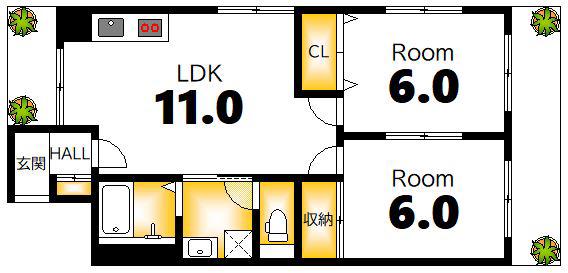 フリーダム舟入本町(2LDK/3階)の間取り写真