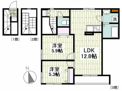 メゾネット 最上階 日当たり良好 2LDK(2LDK/3階)の間取り写真