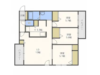 シャンティ東札幌(2LDK/3階)の間取り写真