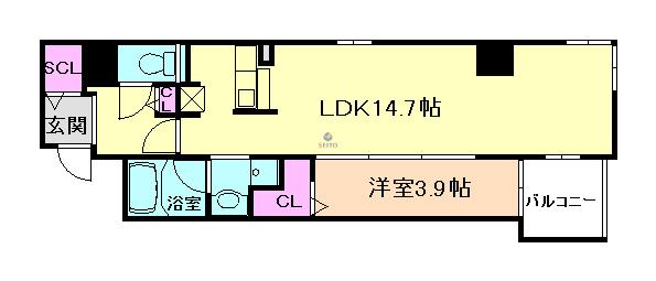 ワイズコート東梅田(1LDK/14階)の間取り写真