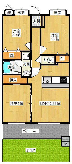アヌビアス紫川(3LDK/1階)の間取り写真