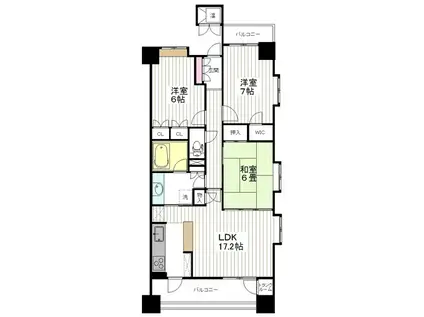 サンデュエル東宮城野レアージュ(3LDK/7階)の間取り写真