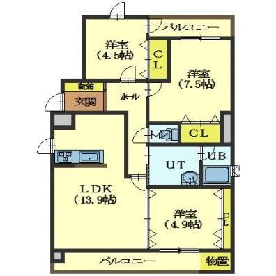 カーサ函館(3LDK/6階)の間取り写真