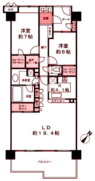 ラムーナ横浜戸塚スカイリッジ(2LDK/11階)の間取り写真