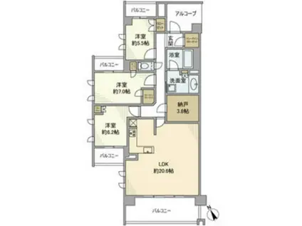 プラウド昭和楽園町テラス(3LDK/3階)の間取り写真