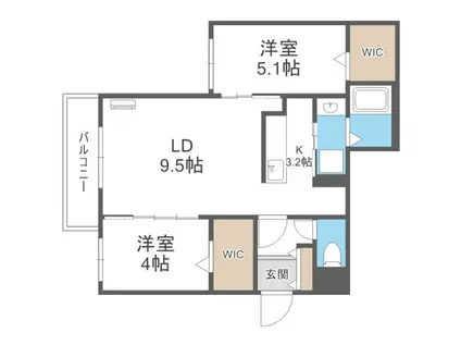 地下鉄東豊線 美園駅 徒歩3分 4階建 築1年(2LDK/4階)の間取り写真