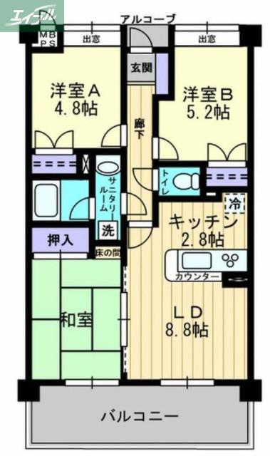 ダイアパレス東島田(3LDK/4階)の間取り写真