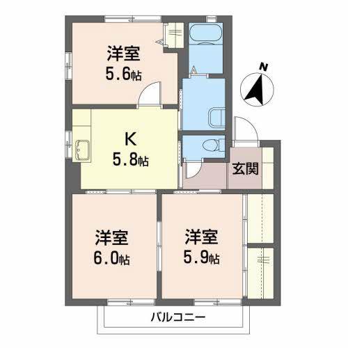 スプリングコートB(3K/1階)の間取り写真