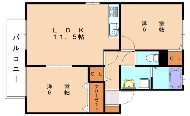ソルレヴァンテB棟(2LDK/2階)の間取り写真