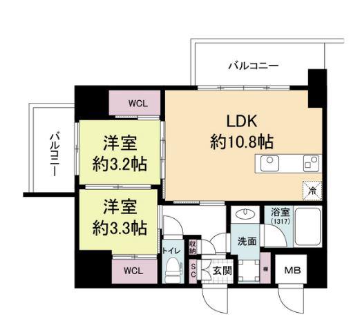 セレニテフラン難波(2LDK/15階)の間取り写真
