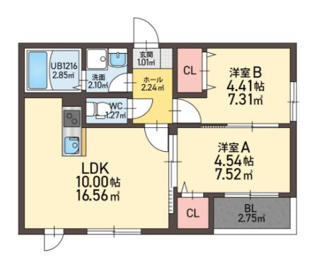 レガリア西町(2LDK/2階)の間取り写真